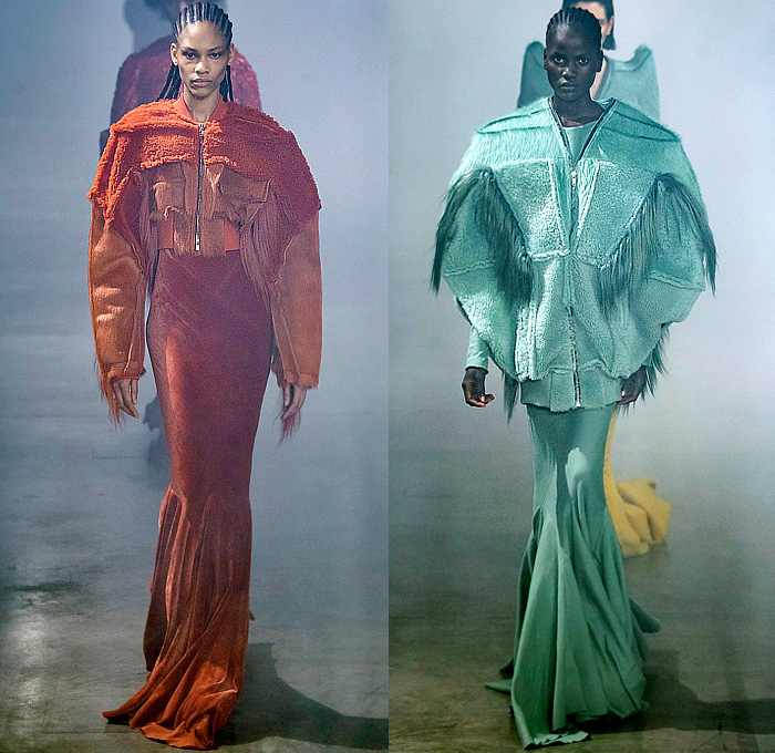 Rick Owens 2022-2023 Fall Autumn Winter Womens Runway Catwalk Looks - Paris Fashion Week Femme PFW - Strobe Mantle Tunic Cowl Hood Quilted Puffer Pillow Vest Tabard Snakeskin Python Pirarucu Fish Velvet Shearling Fur Sharp Frankenstein Shoulders Theda Bara Coat Parka Retroflective Destroyed Destructed Denim Jeans Shorts Cutoffs Full Skirt Bodycon Wrap Dress Gown Elongated Hem Frayed Fringes Knit Sweater Strapless Draped Bedazzled Sequins Cape Tied Metal Cap Toe Boots Gloves