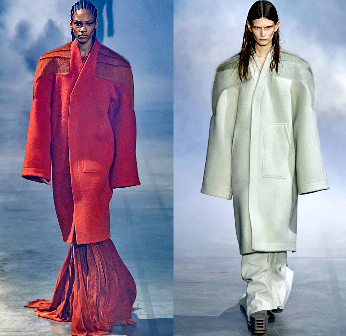 Rick Owens 2022-2023 Fall Autumn Winter Womens Runway Catwalk Looks - Paris Fashion Week Femme PFW - Strobe Mantle Tunic Cowl Hood Quilted Puffer Pillow Vest Tabard Snakeskin Python Pirarucu Fish Velvet Shearling Fur Sharp Frankenstein Shoulders Theda Bara Coat Parka Retroflective Destroyed Destructed Denim Jeans Shorts Cutoffs Full Skirt Bodycon Wrap Dress Gown Elongated Hem Frayed Fringes Knit Sweater Strapless Draped Bedazzled Sequins Cape Tied Metal Cap Toe Boots Gloves