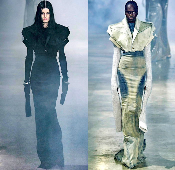 Rick Owens 2022-2023 Fall Autumn Winter Womens Runway Catwalk Looks - Paris Fashion Week Femme PFW - Strobe Mantle Tunic Cowl Hood Quilted Puffer Pillow Vest Tabard Snakeskin Python Pirarucu Fish Velvet Shearling Fur Sharp Frankenstein Shoulders Theda Bara Coat Parka Retroflective Destroyed Destructed Denim Jeans Shorts Cutoffs Full Skirt Bodycon Wrap Dress Gown Elongated Hem Frayed Fringes Knit Sweater Strapless Draped Bedazzled Sequins Cape Tied Metal Cap Toe Boots Gloves