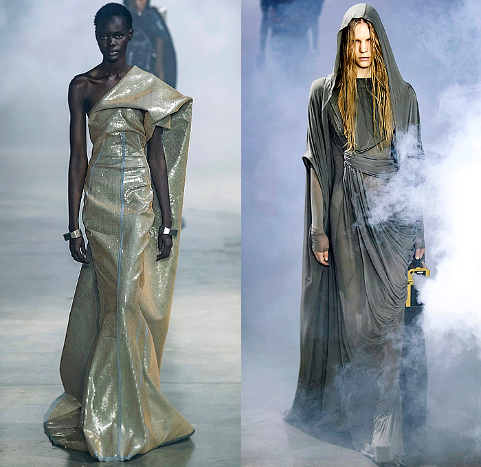 Rick Owens 2022-2023 Fall Autumn Winter Womens Runway Catwalk Looks - Paris Fashion Week Femme PFW - Strobe Mantle Tunic Cowl Hood Quilted Puffer Pillow Vest Tabard Snakeskin Python Pirarucu Fish Velvet Shearling Fur Sharp Frankenstein Shoulders Theda Bara Coat Parka Retroflective Destroyed Destructed Denim Jeans Shorts Cutoffs Full Skirt Bodycon Wrap Dress Gown Elongated Hem Frayed Fringes Knit Sweater Strapless Draped Bedazzled Sequins Cape Tied Metal Cap Toe Boots Gloves