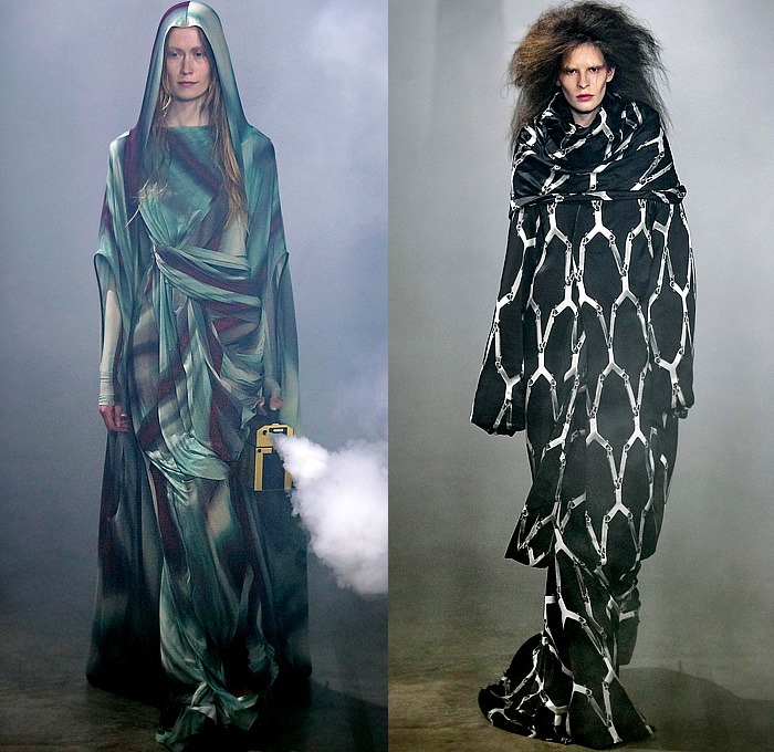 Rick Owens 2022-2023 Fall Autumn Winter Womens Runway Catwalk Looks - Paris Fashion Week Femme PFW - Strobe Mantle Tunic Cowl Hood Quilted Puffer Pillow Vest Tabard Snakeskin Python Pirarucu Fish Velvet Shearling Fur Sharp Frankenstein Shoulders Theda Bara Coat Parka Retroflective Destroyed Destructed Denim Jeans Shorts Cutoffs Full Skirt Bodycon Wrap Dress Gown Elongated Hem Frayed Fringes Knit Sweater Strapless Draped Bedazzled Sequins Cape Tied Metal Cap Toe Boots Gloves