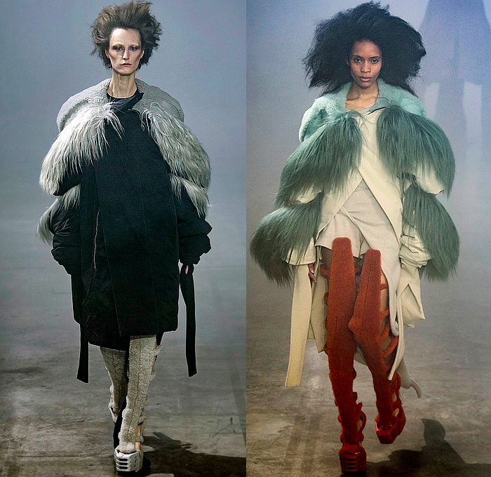 Rick Owens 2022-2023 Fall Autumn Winter Womens Runway Catwalk Looks - Paris Fashion Week Femme PFW - Strobe Mantle Tunic Cowl Hood Quilted Puffer Pillow Vest Tabard Snakeskin Python Pirarucu Fish Velvet Shearling Fur Sharp Frankenstein Shoulders Theda Bara Coat Parka Retroflective Destroyed Destructed Denim Jeans Shorts Cutoffs Full Skirt Bodycon Wrap Dress Gown Elongated Hem Frayed Fringes Knit Sweater Strapless Draped Bedazzled Sequins Cape Tied Metal Cap Toe Boots Gloves