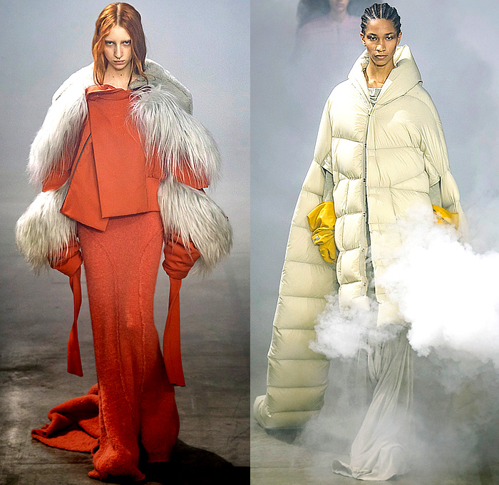 Rick Owens 2022-2023 Fall Autumn Winter Womens Runway Catwalk Looks - Paris Fashion Week Femme PFW - Strobe Mantle Tunic Cowl Hood Quilted Puffer Pillow Vest Tabard Snakeskin Python Pirarucu Fish Velvet Shearling Fur Sharp Frankenstein Shoulders Theda Bara Coat Parka Retroflective Destroyed Destructed Denim Jeans Shorts Cutoffs Full Skirt Bodycon Wrap Dress Gown Elongated Hem Frayed Fringes Knit Sweater Strapless Draped Bedazzled Sequins Cape Tied Metal Cap Toe Boots Gloves