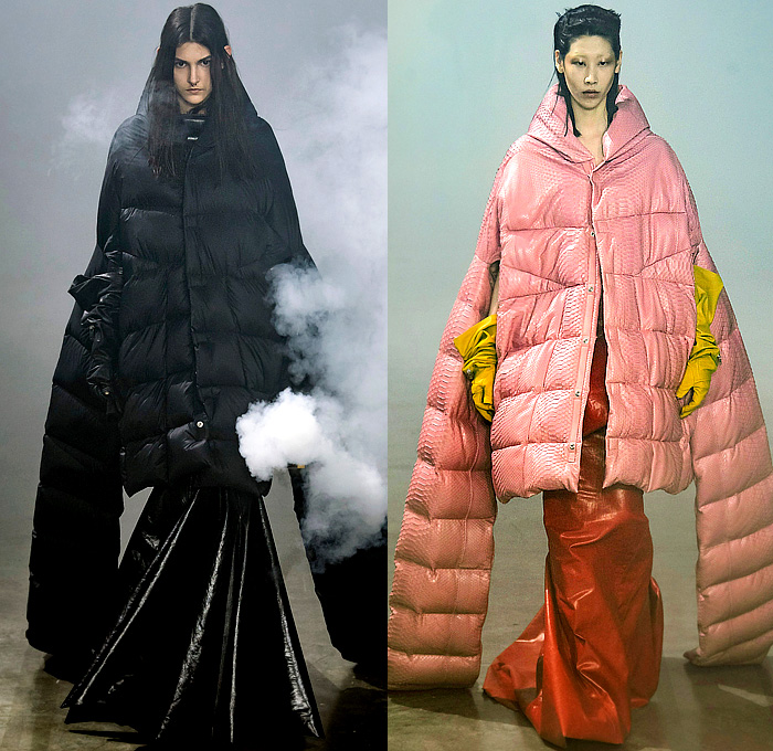 Rick Owens 2022-2023 Fall Autumn Winter Womens Runway Catwalk Looks - Paris Fashion Week Femme PFW - Strobe Mantle Tunic Cowl Hood Quilted Puffer Pillow Vest Tabard Snakeskin Python Pirarucu Fish Velvet Shearling Fur Sharp Frankenstein Shoulders Theda Bara Coat Parka Retroflective Destroyed Destructed Denim Jeans Shorts Cutoffs Full Skirt Bodycon Wrap Dress Gown Elongated Hem Frayed Fringes Knit Sweater Strapless Draped Bedazzled Sequins Cape Tied Metal Cap Toe Boots Gloves