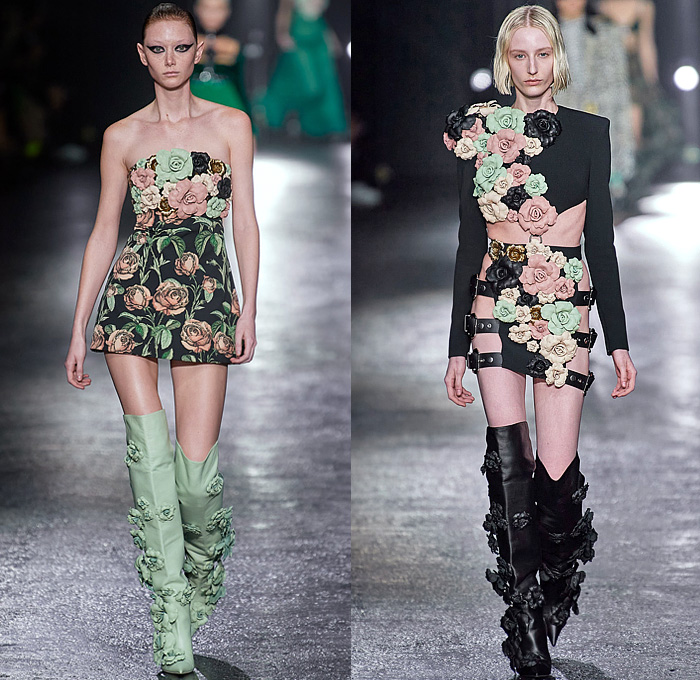 Roberto Cavalli 2022-2023 Fall Autumn Winter Womens Runway Looks - Milan Fashion Week Italy - Fausto Puglisi - Porcelain Boudoir Flowers Floral Roses Metal Bondage Belts Straps Rings Hooks Chain Cage Dress Strapless Cutout Leopard Cheetah Halterneck Bandeau Crop Top Biker Motorcycle Jacket Mullet Hem Draped Choker Velvet Studs Crystals Sequins Paillettes Plaid Check Ruffles Onesie Jumpsuit Trench Coat Robe Cape Blazer Fringes Tights Leggings Miniskirt Sheer Tulle Gown Boots Gloves