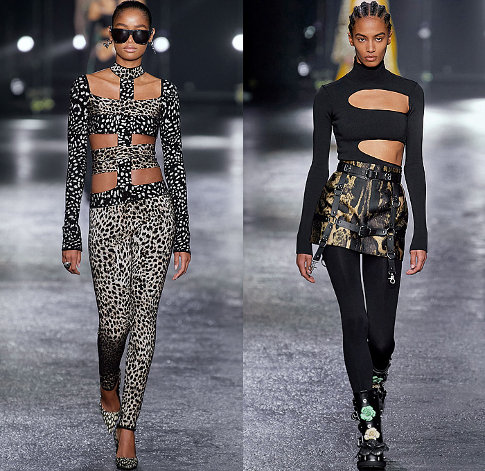 Roberto Cavalli 2022-2023 Fall Autumn Winter Womens Runway Looks - Milan Fashion Week Italy - Fausto Puglisi - Porcelain Boudoir Flowers Floral Roses Metal Bondage Belts Straps Rings Hooks Chain Cage Dress Strapless Cutout Leopard Cheetah Halterneck Bandeau Crop Top Biker Motorcycle Jacket Mullet Hem Draped Choker Velvet Studs Crystals Sequins Paillettes Plaid Check Ruffles Onesie Jumpsuit Trench Coat Robe Cape Blazer Fringes Tights Leggings Miniskirt Sheer Tulle Gown Boots Gloves