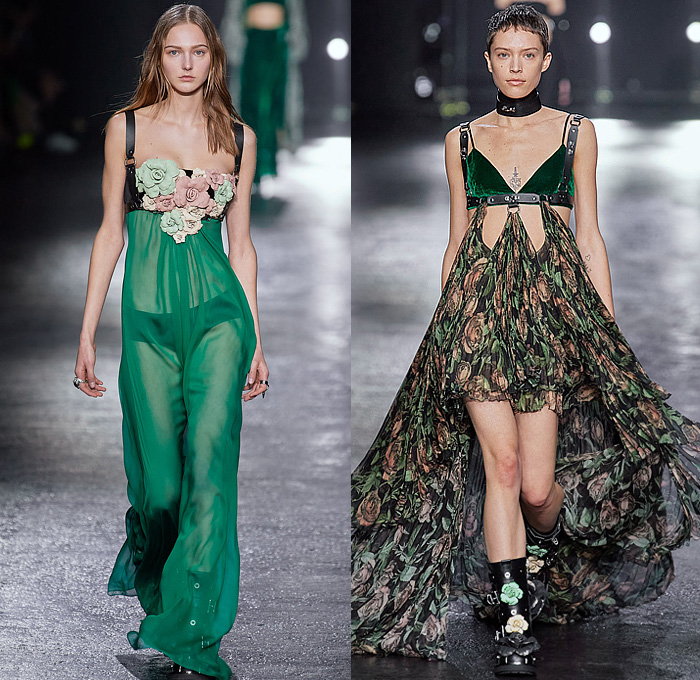 Roberto Cavalli 2022-2023 Fall Autumn Winter Womens Runway Looks - Milan Fashion Week Italy - Fausto Puglisi - Porcelain Boudoir Flowers Floral Roses Metal Bondage Belts Straps Rings Hooks Chain Cage Dress Strapless Cutout Leopard Cheetah Halterneck Bandeau Crop Top Biker Motorcycle Jacket Mullet Hem Draped Choker Velvet Studs Crystals Sequins Paillettes Plaid Check Ruffles Onesie Jumpsuit Trench Coat Robe Cape Blazer Fringes Tights Leggings Miniskirt Sheer Tulle Gown Boots Gloves