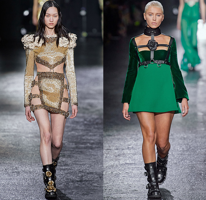 Roberto Cavalli 2022-2023 Fall Autumn Winter Womens Runway Looks - Milan Fashion Week Italy - Fausto Puglisi - Porcelain Boudoir Flowers Floral Roses Metal Bondage Belts Straps Rings Hooks Chain Cage Dress Strapless Cutout Leopard Cheetah Halterneck Bandeau Crop Top Biker Motorcycle Jacket Mullet Hem Draped Choker Velvet Studs Crystals Sequins Paillettes Plaid Check Ruffles Onesie Jumpsuit Trench Coat Robe Cape Blazer Fringes Tights Leggings Miniskirt Sheer Tulle Gown Boots Gloves