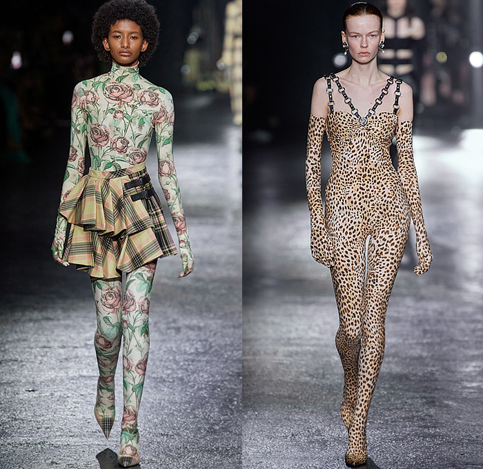 Roberto Cavalli 2022-2023 Fall Autumn Winter Womens Runway Looks - Milan Fashion Week Italy - Fausto Puglisi - Porcelain Boudoir Flowers Floral Roses Metal Bondage Belts Straps Rings Hooks Chain Cage Dress Strapless Cutout Leopard Cheetah Halterneck Bandeau Crop Top Biker Motorcycle Jacket Mullet Hem Draped Choker Velvet Studs Crystals Sequins Paillettes Plaid Check Ruffles Onesie Jumpsuit Trench Coat Robe Cape Blazer Fringes Tights Leggings Miniskirt Sheer Tulle Gown Boots Gloves