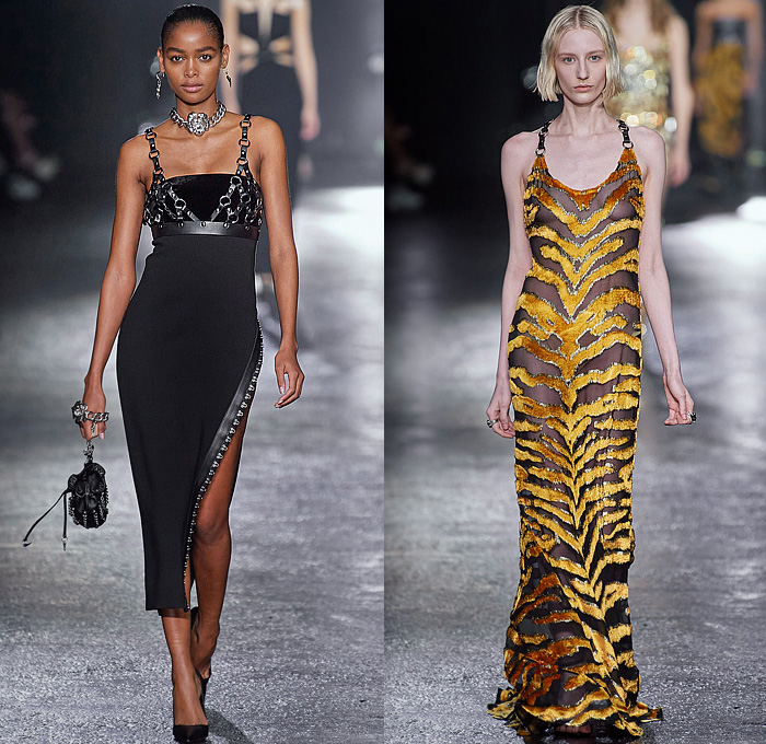 Roberto Cavalli 2022-2023 Fall Autumn Winter Womens Runway Looks - Milan Fashion Week Italy - Fausto Puglisi - Porcelain Boudoir Flowers Floral Roses Metal Bondage Belts Straps Rings Hooks Chain Cage Dress Strapless Cutout Leopard Cheetah Halterneck Bandeau Crop Top Biker Motorcycle Jacket Mullet Hem Draped Choker Velvet Studs Crystals Sequins Paillettes Plaid Check Ruffles Onesie Jumpsuit Trench Coat Robe Cape Blazer Fringes Tights Leggings Miniskirt Sheer Tulle Gown Boots Gloves