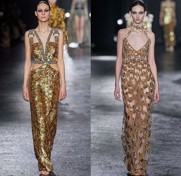 Roberto Cavalli 2022-2023 Fall Autumn Winter Womens Runway Looks - Milan Fashion Week Italy - Fausto Puglisi - Porcelain Boudoir Flowers Floral Roses Metal Bondage Belts Straps Rings Hooks Chain Cage Dress Strapless Cutout Leopard Cheetah Halterneck Bandeau Crop Top Biker Motorcycle Jacket Mullet Hem Draped Choker Velvet Studs Crystals Sequins Paillettes Plaid Check Ruffles Onesie Jumpsuit Trench Coat Robe Cape Blazer Fringes Tights Leggings Miniskirt Sheer Tulle Gown Boots Gloves