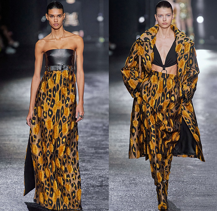 Roberto Cavalli 2022-2023 Fall Autumn Winter Womens Runway Looks - Milan Fashion Week Italy - Fausto Puglisi - Porcelain Boudoir Flowers Floral Roses Metal Bondage Belts Straps Rings Hooks Chain Cage Dress Strapless Cutout Leopard Cheetah Halterneck Bandeau Crop Top Biker Motorcycle Jacket Mullet Hem Draped Choker Velvet Studs Crystals Sequins Paillettes Plaid Check Ruffles Onesie Jumpsuit Trench Coat Robe Cape Blazer Fringes Tights Leggings Miniskirt Sheer Tulle Gown Boots Gloves