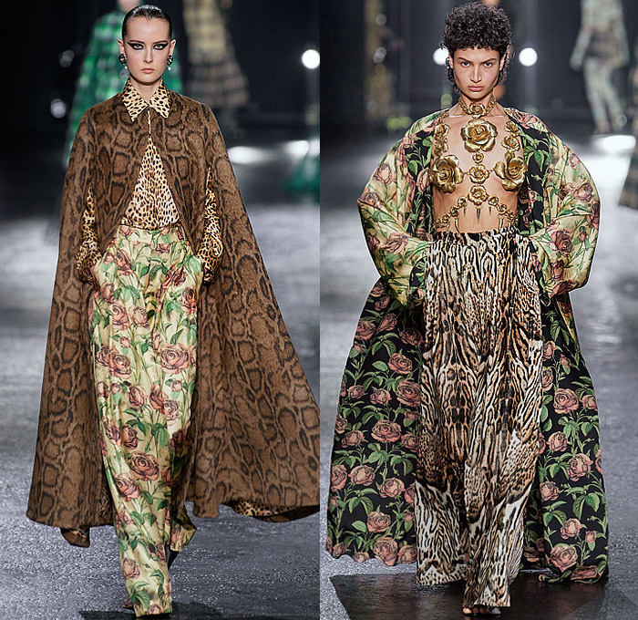 Roberto Cavalli 2022-2023 Fall Autumn Winter Womens Runway Looks - Milan Fashion Week Italy - Fausto Puglisi - Porcelain Boudoir Flowers Floral Roses Metal Bondage Belts Straps Rings Hooks Chain Cage Dress Strapless Cutout Leopard Cheetah Halterneck Bandeau Crop Top Biker Motorcycle Jacket Mullet Hem Draped Choker Velvet Studs Crystals Sequins Paillettes Plaid Check Ruffles Onesie Jumpsuit Trench Coat Robe Cape Blazer Fringes Tights Leggings Miniskirt Sheer Tulle Gown Boots Gloves