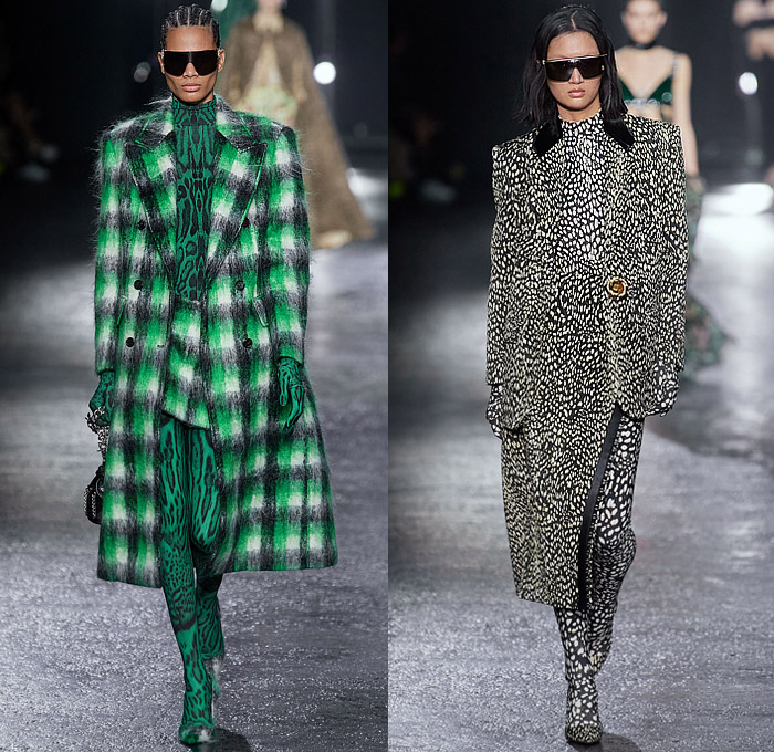 Roberto Cavalli 2022-2023 Fall Autumn Winter Womens Runway Looks - Milan Fashion Week Italy - Fausto Puglisi - Porcelain Boudoir Flowers Floral Roses Metal Bondage Belts Straps Rings Hooks Chain Cage Dress Strapless Cutout Leopard Cheetah Halterneck Bandeau Crop Top Biker Motorcycle Jacket Mullet Hem Draped Choker Velvet Studs Crystals Sequins Paillettes Plaid Check Ruffles Onesie Jumpsuit Trench Coat Robe Cape Blazer Fringes Tights Leggings Miniskirt Sheer Tulle Gown Boots Gloves