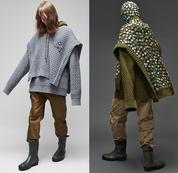 Rolf Ekroth 2022-2023 Fall Autumn Winter Mens Lookbook Presentation - Knit Weave Sweater Hoodie Glow-in-the-Dark Luminous Bottle Caps Pins Adorned Fur Shaggy Scarf Grunge Abstract Blurry Clouds Blazer Jacket Suit Quilted Puffer Military Aviator Jacket Coat Outerwear Oversized Rainwear Raincoat Sleeping Bag Skirt Manskirt Wide Leg Baggy Denim Jeans Cargo Utility Pockets Fanny Pack Belt Bag Pouch Macrame Sling Bag Boots Galoshes