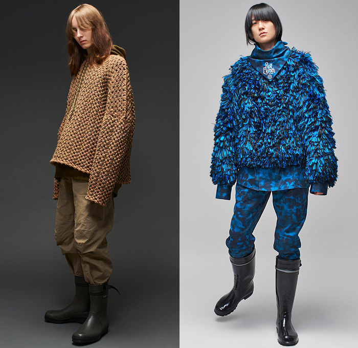 Rolf Ekroth 2022-2023 Fall Autumn Winter Mens Lookbook Presentation - Knit Weave Sweater Hoodie Glow-in-the-Dark Luminous Bottle Caps Pins Adorned Fur Shaggy Scarf Grunge Abstract Blurry Clouds Blazer Jacket Suit Quilted Puffer Military Aviator Jacket Coat Outerwear Oversized Rainwear Raincoat Sleeping Bag Skirt Manskirt Wide Leg Baggy Denim Jeans Cargo Utility Pockets Fanny Pack Belt Bag Pouch Macrame Sling Bag Boots Galoshes