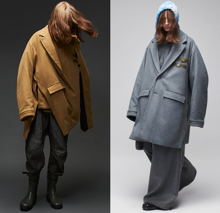 Rolf Ekroth 2022-2023 Fall Autumn Winter Mens Lookbook Presentation - Knit Weave Sweater Hoodie Glow-in-the-Dark Luminous Bottle Caps Pins Adorned Fur Shaggy Scarf Grunge Abstract Blurry Clouds Blazer Jacket Suit Quilted Puffer Military Aviator Jacket Coat Outerwear Oversized Rainwear Raincoat Sleeping Bag Skirt Manskirt Wide Leg Baggy Denim Jeans Cargo Utility Pockets Fanny Pack Belt Bag Pouch Macrame Sling Bag Boots Galoshes