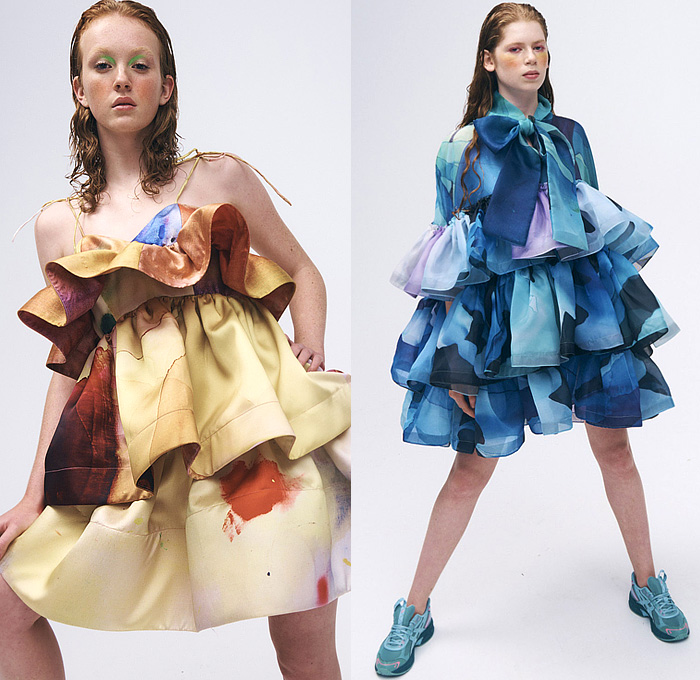 Romance Was Born 2022-2023 Fall Autumn Winter Womens Lookbook Presentation - Distant Future - Abstract Colorist Paint Smudges Stains Artwork Noodle Strap Ruffles Tiered Gown Sheer Pussy Bow Headwrap Strapless Open Shoulders Wide Sleeves Babydoll Dress Poufy Puff Sleeves Draped Colorful Sculpture