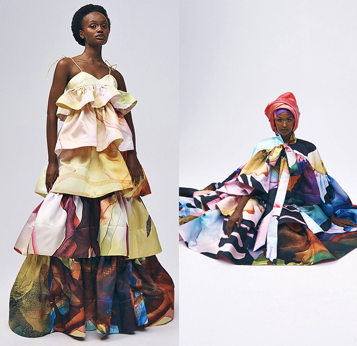 Romance Was Born 2022-2023 Fall Autumn Winter Womens Lookbook Presentation - Distant Future - Abstract Colorist Paint Smudges Stains Artwork Noodle Strap Ruffles Tiered Gown Sheer Pussy Bow Headwrap Strapless Open Shoulders Wide Sleeves Babydoll Dress Poufy Puff Sleeves Draped Colorful Sculpture