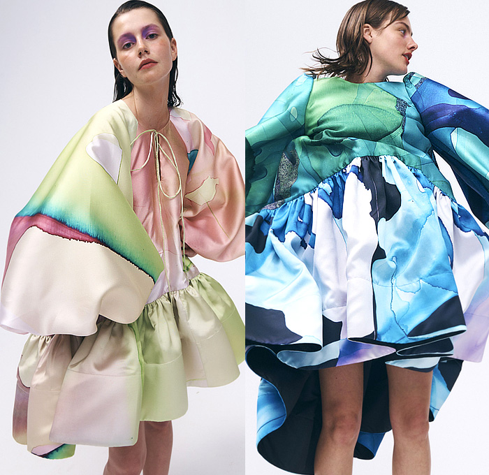 Romance Was Born 2022-2023 Fall Autumn Winter Womens Lookbook Presentation - Distant Future - Abstract Colorist Paint Smudges Stains Artwork Noodle Strap Ruffles Tiered Gown Sheer Pussy Bow Headwrap Strapless Open Shoulders Wide Sleeves Babydoll Dress Poufy Puff Sleeves Draped Colorful Sculpture