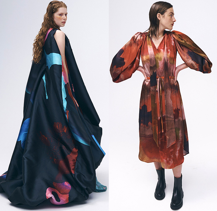 Romance Was Born 2022-2023 Fall Autumn Winter Womens Lookbook Presentation - Distant Future - Abstract Colorist Paint Smudges Stains Artwork Noodle Strap Ruffles Tiered Gown Sheer Pussy Bow Headwrap Strapless Open Shoulders Wide Sleeves Babydoll Dress Poufy Puff Sleeves Draped Colorful Sculpture