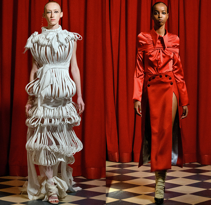 Saint Sintra 2022-2023 Fall Autumn Winter Womens Lookbook Presentation - New York Fashion Week NYFW American Collections Calendar - Onion Bride Peeled Fringes Slashed Bow Ribbon Dress Gown Sheer Tulle Silk Satin Ruffles Cross Wrap Blouse Skirt High Slit Deconstructed Accordion Pleats Wide Leg Lace Embroidery Stripes Shorts Tights Stockings Blazer Pantsuit Poufy Shoulders Tweed Tiered Miniskirt Frayed Raw Hem