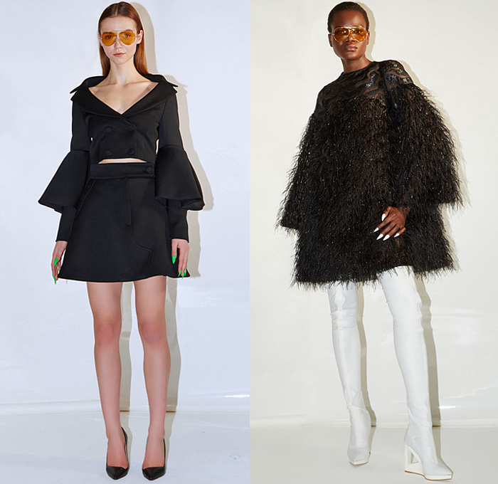 Sara Battaglia 2022-2023 Fall Autumn Winter Womens Lookbook Presentation – Turtleneck Sweater Cutout Houndstooth Quilted Puffer Coat Parka Coatdress Girdle Bell Wide Bloated Puff Sleeves Cinch Crop Top Midriff Miniskirt Feathers Party Cocktail Dress Poncho Cloak Robe Hanging Sleeve Embroidery Glitter Blazer Jacket Hoodie Sweatshirt Logo Typography Pellegrina Capelet Plaid Check Wide Leg Palazzo Pants Accordion Pleats Pantsuit Thigh High Boots Handbag Triangular Bag