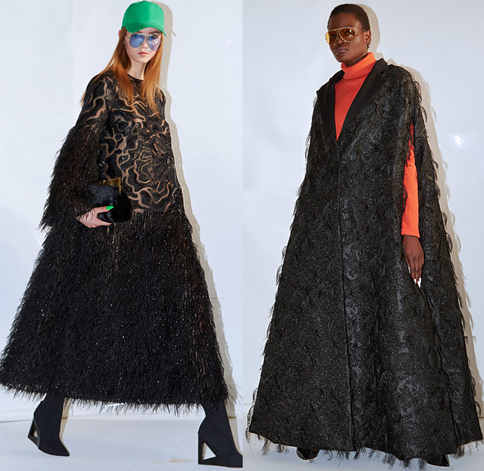 Sara Battaglia 2022-2023 Fall Autumn Winter Womens Lookbook Presentation – Turtleneck Sweater Cutout Houndstooth Quilted Puffer Coat Parka Coatdress Girdle Bell Wide Bloated Puff Sleeves Cinch Crop Top Midriff Miniskirt Feathers Party Cocktail Dress Poncho Cloak Robe Hanging Sleeve Embroidery Glitter Blazer Jacket Hoodie Sweatshirt Logo Typography Pellegrina Capelet Plaid Check Wide Leg Palazzo Pants Accordion Pleats Pantsuit Thigh High Boots Handbag Triangular Bag