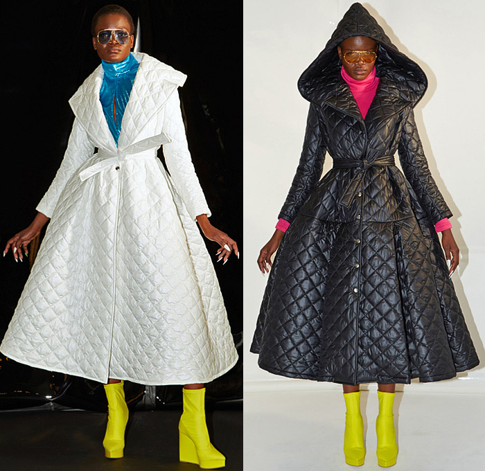 Sara Battaglia 2022-2023 Fall Autumn Winter Womens Lookbook Presentation – Turtleneck Sweater Cutout Houndstooth Quilted Puffer Coat Parka Coatdress Girdle Bell Wide Bloated Puff Sleeves Cinch Crop Top Midriff Miniskirt Feathers Party Cocktail Dress Poncho Cloak Robe Hanging Sleeve Embroidery Glitter Blazer Jacket Hoodie Sweatshirt Logo Typography Pellegrina Capelet Plaid Check Wide Leg Palazzo Pants Accordion Pleats Pantsuit Thigh High Boots Handbag Triangular Bag