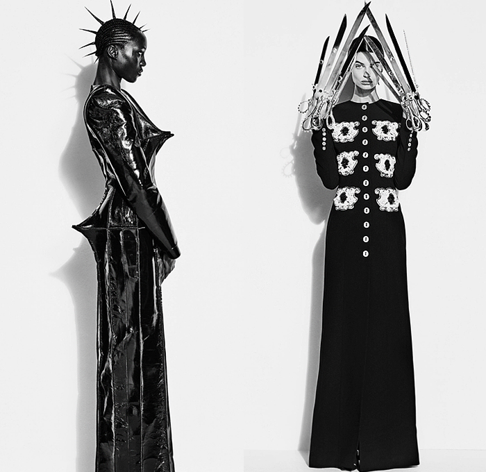 Schiaparelli 2022-2023 Fall Autumn Winter Womens Lookbook - Paris Fashion Week Femme PFW - Pointy Cone Bras Crop Top Midriff Horns Spikes Coat Scissorhands Dress Rib Cage Spine Abs Corset Bustier Laces Beads Bearings Knit Crochet Spiral Lace Sheer Stripes Jean Jacket Keyhole Wool Vest Blazer Bicycle Shorts Pantsuit Robe Velvet Onesie Catsuit Unitard Voluminous Ruffles Poufy Shoulders Feathers Leggings Tights Pencil Skirt Hotpants Handbag Tote Letters Mask Gloves Wide Brim Hat Beret