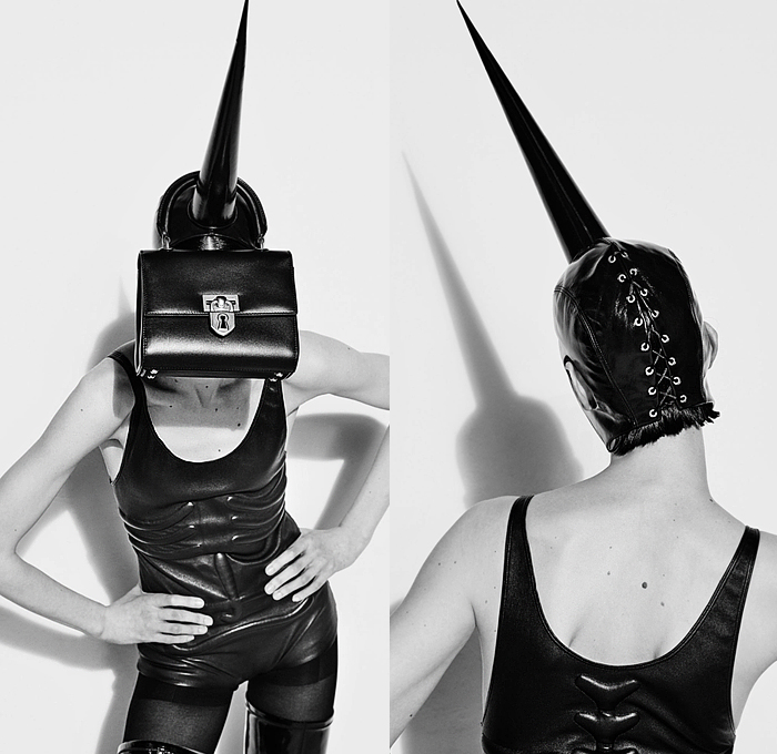 Schiaparelli 2022-2023 Fall Autumn Winter Womens Lookbook - Paris Fashion Week Femme PFW - Pointy Cone Bras Crop Top Midriff Horns Spikes Coat Scissorhands Dress Rib Cage Spine Abs Corset Bustier Laces Beads Bearings Knit Crochet Spiral Lace Sheer Stripes Jean Jacket Keyhole Wool Vest Blazer Bicycle Shorts Pantsuit Robe Velvet Onesie Catsuit Unitard Voluminous Ruffles Poufy Shoulders Feathers Leggings Tights Pencil Skirt Hotpants Handbag Tote Letters Mask Gloves Wide Brim Hat Beret