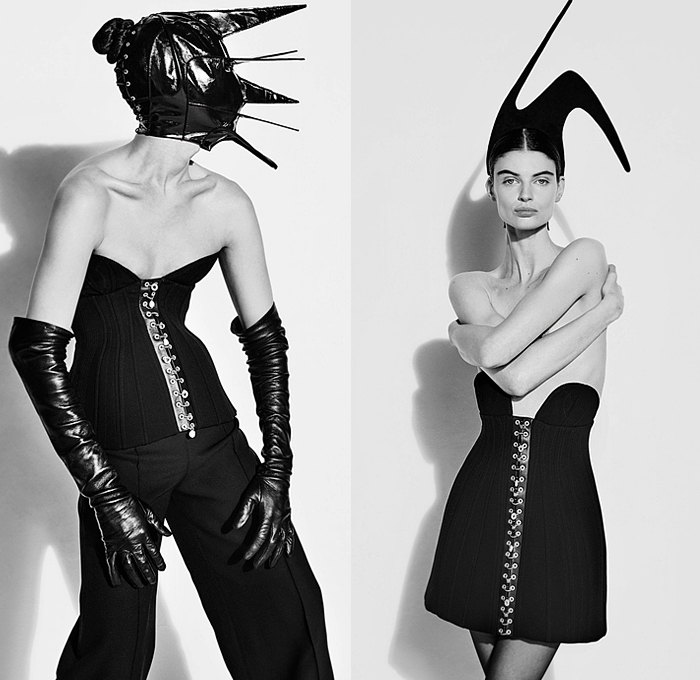 Schiaparelli 2022-2023 Fall Autumn Winter Womens Lookbook - Paris Fashion Week Femme PFW - Pointy Cone Bras Crop Top Midriff Horns Spikes Coat Scissorhands Dress Rib Cage Spine Abs Corset Bustier Laces Beads Bearings Knit Crochet Spiral Lace Sheer Stripes Jean Jacket Keyhole Wool Vest Blazer Bicycle Shorts Pantsuit Robe Velvet Onesie Catsuit Unitard Voluminous Ruffles Poufy Shoulders Feathers Leggings Tights Pencil Skirt Hotpants Handbag Tote Letters Mask Gloves Wide Brim Hat Beret