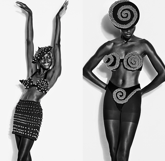 Schiaparelli 2022-2023 Fall Autumn Winter Womens Lookbook - Paris Fashion Week Femme PFW - Pointy Cone Bras Crop Top Midriff Horns Spikes Coat Scissorhands Dress Rib Cage Spine Abs Corset Bustier Laces Beads Bearings Knit Crochet Spiral Lace Sheer Stripes Jean Jacket Keyhole Wool Vest Blazer Bicycle Shorts Pantsuit Robe Velvet Onesie Catsuit Unitard Voluminous Ruffles Poufy Shoulders Feathers Leggings Tights Pencil Skirt Hotpants Handbag Tote Letters Mask Gloves Wide Brim Hat Beret