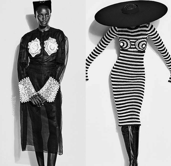 Schiaparelli 2022-2023 Fall Autumn Winter Womens Lookbook - Paris Fashion Week Femme PFW - Pointy Cone Bras Crop Top Midriff Horns Spikes Coat Scissorhands Dress Rib Cage Spine Abs Corset Bustier Laces Beads Bearings Knit Crochet Spiral Lace Sheer Stripes Jean Jacket Keyhole Wool Vest Blazer Bicycle Shorts Pantsuit Robe Velvet Onesie Catsuit Unitard Voluminous Ruffles Poufy Shoulders Feathers Leggings Tights Pencil Skirt Hotpants Handbag Tote Letters Mask Gloves Wide Brim Hat Beret