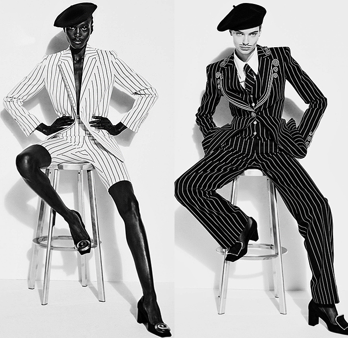 Schiaparelli 2022-2023 Fall Autumn Winter Womens Lookbook - Paris Fashion Week Femme PFW - Pointy Cone Bras Crop Top Midriff Horns Spikes Coat Scissorhands Dress Rib Cage Spine Abs Corset Bustier Laces Beads Bearings Knit Crochet Spiral Lace Sheer Stripes Jean Jacket Keyhole Wool Vest Blazer Bicycle Shorts Pantsuit Robe Velvet Onesie Catsuit Unitard Voluminous Ruffles Poufy Shoulders Feathers Leggings Tights Pencil Skirt Hotpants Handbag Tote Letters Mask Gloves Wide Brim Hat Beret