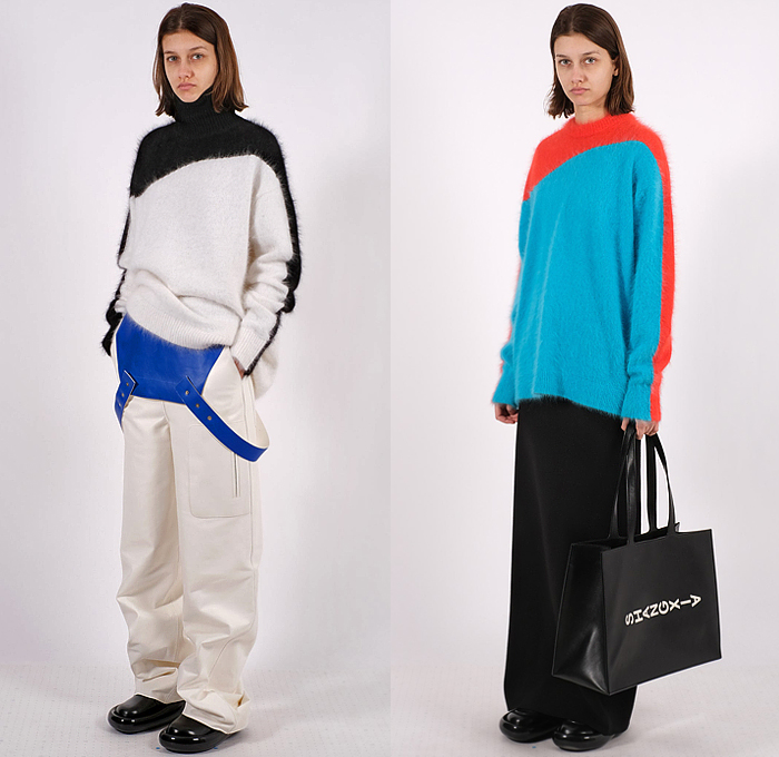 Shang Xia 2022-2023 Fall Autumn Winter Womens Lookbook Presentation - Yang Li - Knit Patchwork Colorblock Sweater Jumper Bib Brace Fins Oversleeve Cape Hanging Sleeve Blouse Shift Dress Wide Leg Slouchy Cargo Pants Tuxedo Stripe Onesie Jumpsuit Coveralls Draped Hoodie Sweatshirt Skirt Shirtdress Outerwear Coat Stripes Houndstooth Beetle Puffer Quilted Vest Parka Denim Jeans Handbag Tote Loafer Clogs Boots Sandals