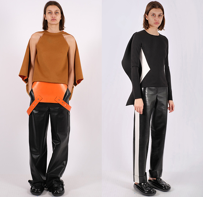 Shang Xia 2022-2023 Fall Autumn Winter Womens Lookbook Presentation - Yang Li - Knit Patchwork Colorblock Sweater Jumper Bib Brace Fins Oversleeve Cape Hanging Sleeve Blouse Shift Dress Wide Leg Slouchy Cargo Pants Tuxedo Stripe Onesie Jumpsuit Coveralls Draped Hoodie Sweatshirt Skirt Shirtdress Outerwear Coat Stripes Houndstooth Beetle Puffer Quilted Vest Parka Denim Jeans Handbag Tote Loafer Clogs Boots Sandals