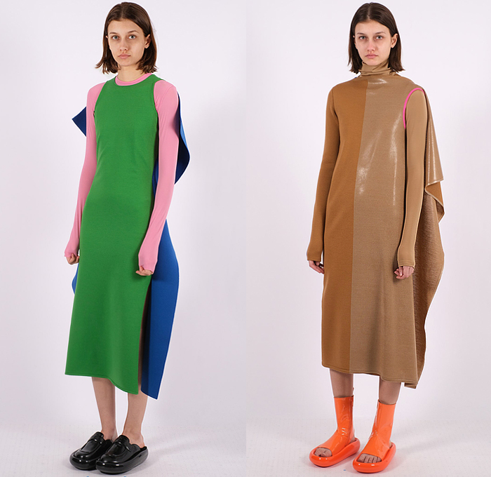 Shang Xia 2022-2023 Fall Autumn Winter Womens Lookbook Presentation - Yang Li - Knit Patchwork Colorblock Sweater Jumper Bib Brace Fins Oversleeve Cape Hanging Sleeve Blouse Shift Dress Wide Leg Slouchy Cargo Pants Tuxedo Stripe Onesie Jumpsuit Coveralls Draped Hoodie Sweatshirt Skirt Shirtdress Outerwear Coat Stripes Houndstooth Beetle Puffer Quilted Vest Parka Denim Jeans Handbag Tote Loafer Clogs Boots Sandals