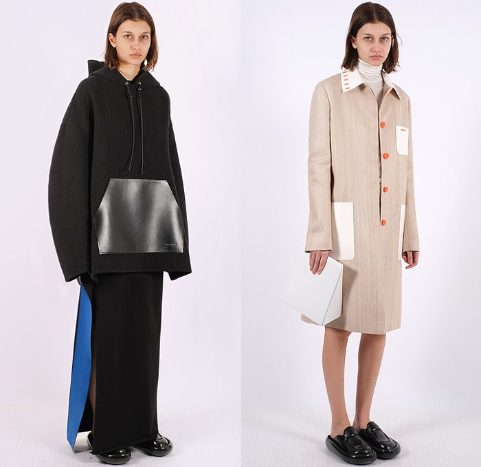 Shang Xia 2022-2023 Fall Autumn Winter Womens Lookbook Presentation - Yang Li - Knit Patchwork Colorblock Sweater Jumper Bib Brace Fins Oversleeve Cape Hanging Sleeve Blouse Shift Dress Wide Leg Slouchy Cargo Pants Tuxedo Stripe Onesie Jumpsuit Coveralls Draped Hoodie Sweatshirt Skirt Shirtdress Outerwear Coat Stripes Houndstooth Beetle Puffer Quilted Vest Parka Denim Jeans Handbag Tote Loafer Clogs Boots Sandals