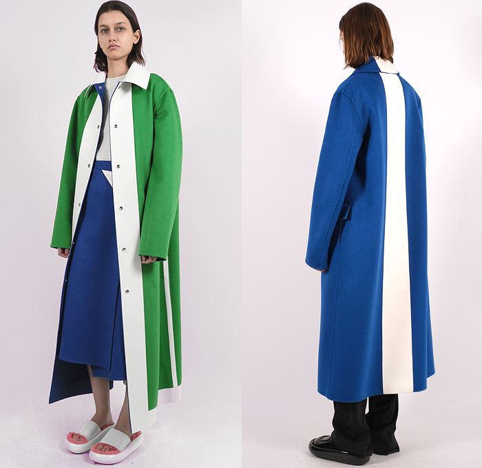 Shang Xia 2022-2023 Fall Autumn Winter Womens Lookbook Presentation - Yang Li - Knit Patchwork Colorblock Sweater Jumper Bib Brace Fins Oversleeve Cape Hanging Sleeve Blouse Shift Dress Wide Leg Slouchy Cargo Pants Tuxedo Stripe Onesie Jumpsuit Coveralls Draped Hoodie Sweatshirt Skirt Shirtdress Outerwear Coat Stripes Houndstooth Beetle Puffer Quilted Vest Parka Denim Jeans Handbag Tote Loafer Clogs Boots Sandals