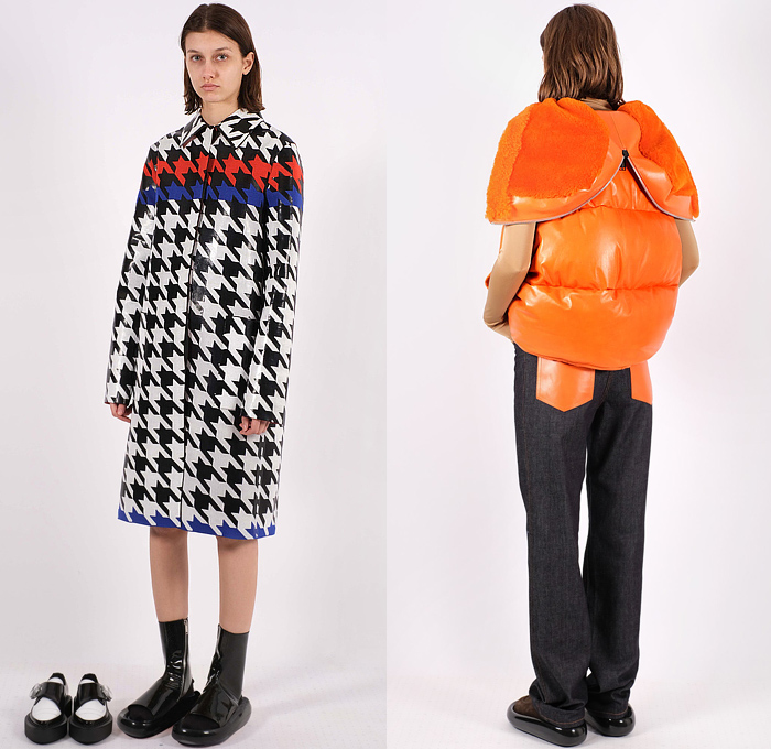 Shang Xia 2022-2023 Fall Autumn Winter Womens Lookbook Presentation - Yang Li - Knit Patchwork Colorblock Sweater Jumper Bib Brace Fins Oversleeve Cape Hanging Sleeve Blouse Shift Dress Wide Leg Slouchy Cargo Pants Tuxedo Stripe Onesie Jumpsuit Coveralls Draped Hoodie Sweatshirt Skirt Shirtdress Outerwear Coat Stripes Houndstooth Beetle Puffer Quilted Vest Parka Denim Jeans Handbag Tote Loafer Clogs Boots Sandals