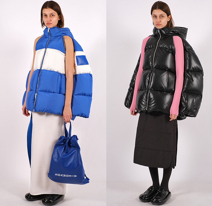 Shang Xia 2022-2023 Fall Autumn Winter Womens Lookbook Presentation - Yang Li - Knit Patchwork Colorblock Sweater Jumper Bib Brace Fins Oversleeve Cape Hanging Sleeve Blouse Shift Dress Wide Leg Slouchy Cargo Pants Tuxedo Stripe Onesie Jumpsuit Coveralls Draped Hoodie Sweatshirt Skirt Shirtdress Outerwear Coat Stripes Houndstooth Beetle Puffer Quilted Vest Parka Denim Jeans Handbag Tote Loafer Clogs Boots Sandals