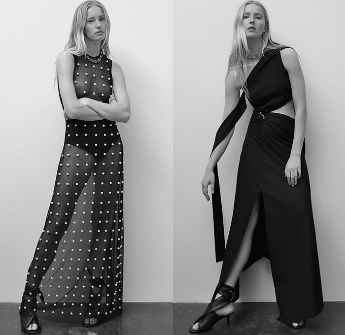 Sid Neigum 2022-2023 Fall Autumn Winter Womens Lookbook Presentation - Pearls Bedazzled Mesh Sheer Loop Ring Tied Twist Bow Ribbon Cinch Accordion Pleats Ribbed Hooks Maxi Dress Cutout Blouse Ruffles Hotpants One Shoulder Turtleneck Blazer Jacket Pantsuit Wide Leg Palazzo Pants Quilted Puffer Coat