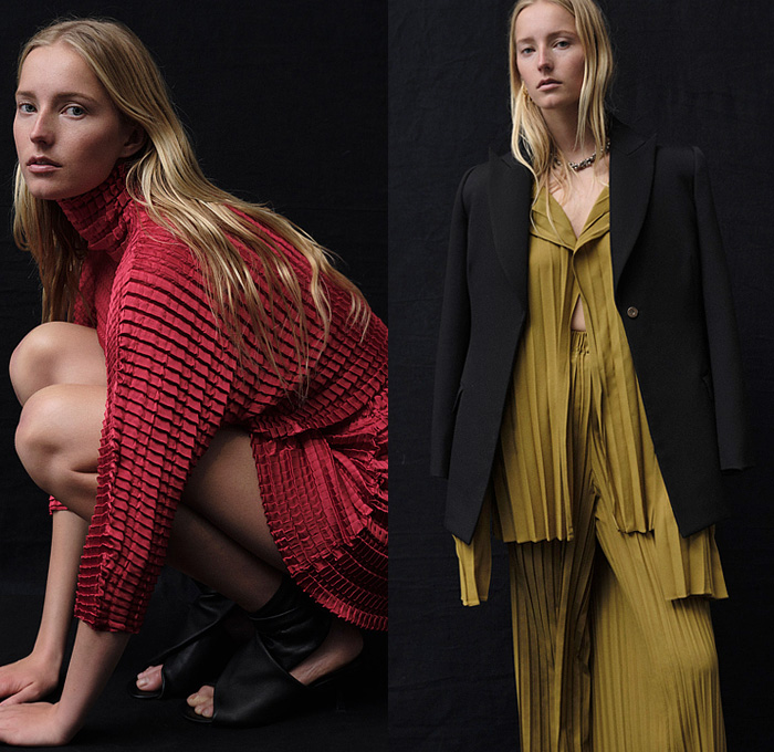 Sid Neigum 2022-2023 Fall Autumn Winter Womens Lookbook Presentation - Pearls Bedazzled Mesh Sheer Loop Ring Tied Twist Bow Ribbon Cinch Accordion Pleats Ribbed Hooks Maxi Dress Cutout Blouse Ruffles Hotpants One Shoulder Turtleneck Blazer Jacket Pantsuit Wide Leg Palazzo Pants Quilted Puffer Coat