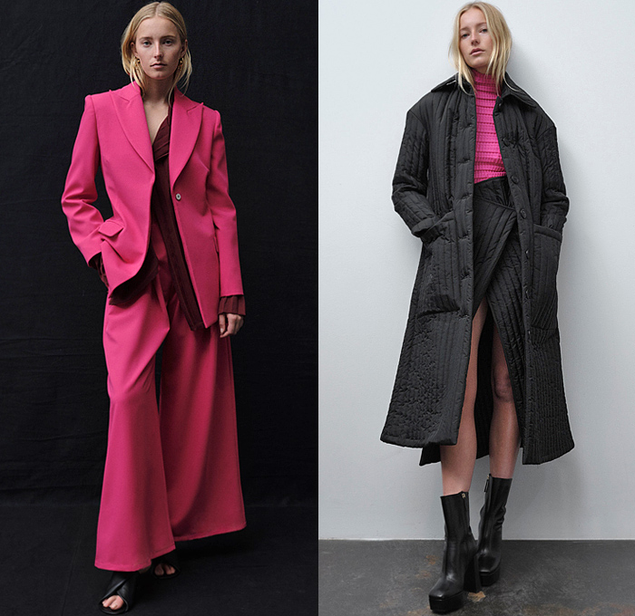 Sid Neigum 2022-2023 Fall Autumn Winter Womens Lookbook Presentation - Pearls Bedazzled Mesh Sheer Loop Ring Tied Twist Bow Ribbon Cinch Accordion Pleats Ribbed Hooks Maxi Dress Cutout Blouse Ruffles Hotpants One Shoulder Turtleneck Blazer Jacket Pantsuit Wide Leg Palazzo Pants Quilted Puffer Coat