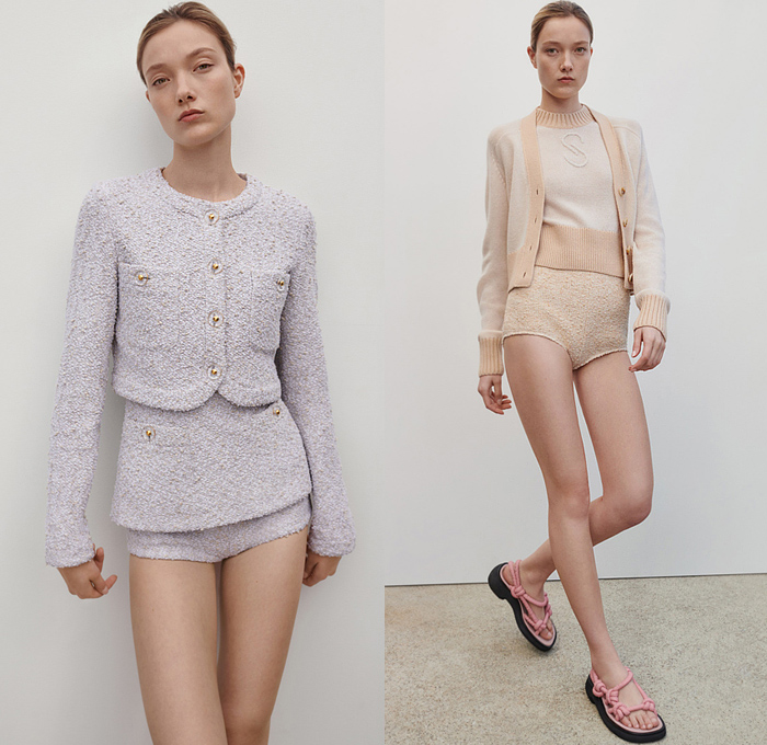 St. John 2022 Pre-Fall Autumn Womens Lookbook Presentation - Coat Tweed Blazer Tuxedo Jacket Knit Turtleneck Cardigan Sweater Long Sleeve Blouse Onesie Romper Combishorts Playsuit Check Pockets Crop Top Midriff Cutout Quilted Puffer Vest Bedazzled Sequins Crystals Embroidery Mini Dress Gown Eveningwear Strapless Shirtdress Ruffles Butterfly Shoulders Sheer Tulle Cinch Hotpants Bike Cycling Shorts Jodhpurs Equestrian Pants Leggings Clutch Bag Kitten Heels Sandals
