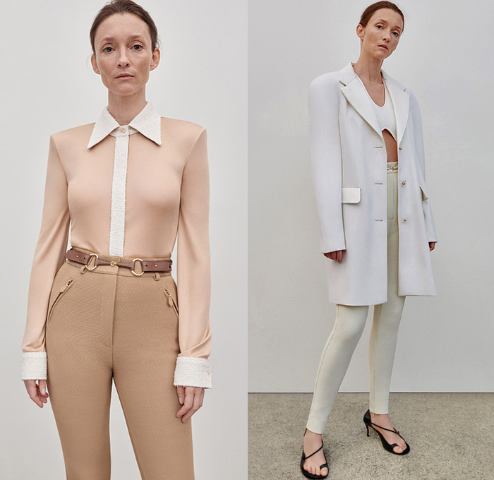 St. John 2022 Pre-Fall Autumn Womens Lookbook Presentation - Coat Tweed Blazer Tuxedo Jacket Knit Turtleneck Cardigan Sweater Long Sleeve Blouse Onesie Romper Combishorts Playsuit Check Pockets Crop Top Midriff Cutout Quilted Puffer Vest Bedazzled Sequins Crystals Embroidery Mini Dress Gown Eveningwear Strapless Shirtdress Ruffles Butterfly Shoulders Sheer Tulle Cinch Hotpants Bike Cycling Shorts Jodhpurs Equestrian Pants Leggings Clutch Bag Kitten Heels Sandals