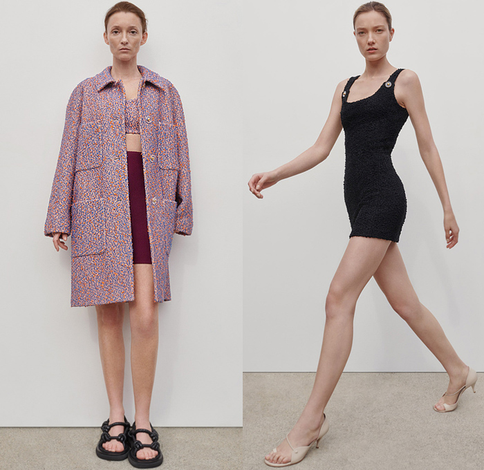 St. John 2022 Pre-Fall Autumn Womens Lookbook Presentation - Coat Tweed Blazer Tuxedo Jacket Knit Turtleneck Cardigan Sweater Long Sleeve Blouse Onesie Romper Combishorts Playsuit Check Pockets Crop Top Midriff Cutout Quilted Puffer Vest Bedazzled Sequins Crystals Embroidery Mini Dress Gown Eveningwear Strapless Shirtdress Ruffles Butterfly Shoulders Sheer Tulle Cinch Hotpants Bike Cycling Shorts Jodhpurs Equestrian Pants Leggings Clutch Bag Kitten Heels Sandals