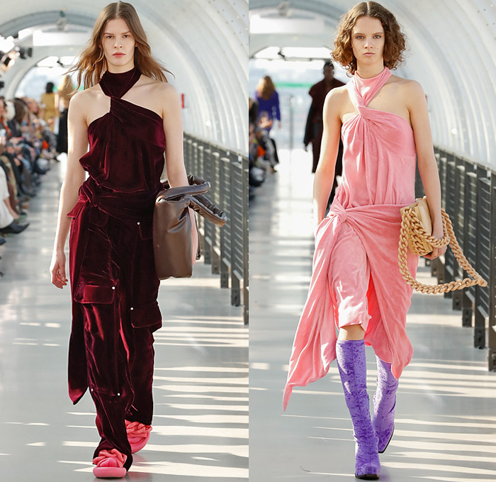 Stella McCartney 2022-2023 Fall Autumn Winter Womens Runway Looks - Paris Fashion Week Femme PFW - Frank Stella Gunmetal Fringes Colorblock Knit Vest Sweater Halterneck Noodle Strap Bralette Cutout Pleats Balloon Skirt Velvet Twist Tied Loungewear Cargo Pants Pockets Ruffles Capelet Art Abstract Dress Blazer Stripes V Series Onesie Jumpsuit Coveralls Midi Skirt Flocked Denim Jeans Pantsuit Coat Fur Shearling Oversized Frayme Bag Chain Cowboy Boots