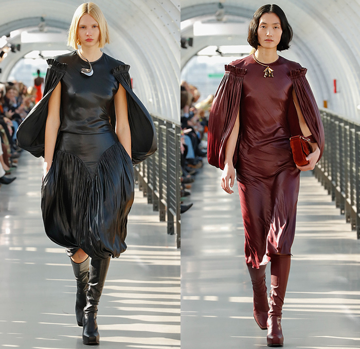 Stella McCartney 2022-2023 Fall Autumn Winter Womens Runway Looks - Paris Fashion Week Femme PFW - Frank Stella Gunmetal Fringes Colorblock Knit Vest Sweater Halterneck Noodle Strap Bralette Cutout Pleats Balloon Skirt Velvet Twist Tied Loungewear Cargo Pants Pockets Ruffles Capelet Art Abstract Dress Blazer Stripes V Series Onesie Jumpsuit Coveralls Midi Skirt Flocked Denim Jeans Pantsuit Coat Fur Shearling Oversized Frayme Bag Chain Cowboy Boots